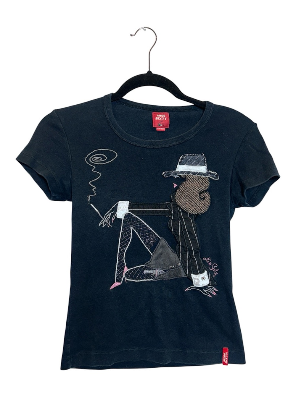 Miss Sixty Black Graphic Short Sleeve Tee with Embroidered Seated Girl